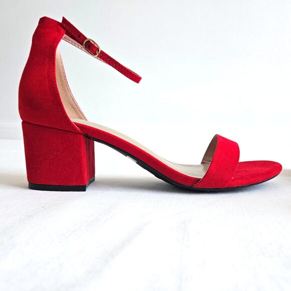 Dream Pairs Red Velvet Suede Strappy Low Chunk Heel Pump Sandal Womens 9.5 NEW - Picture 6 of 16